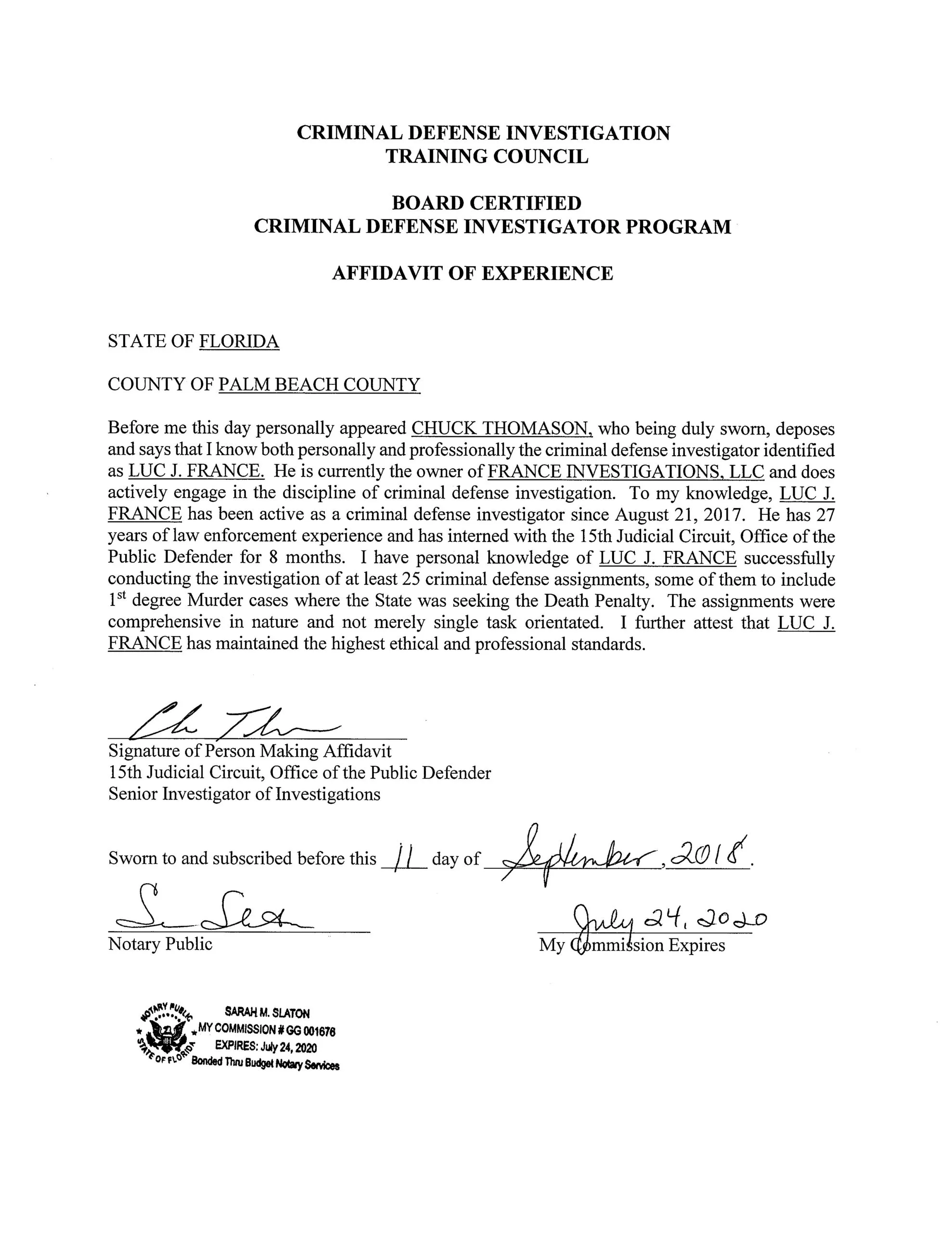 Affidavit of Experience